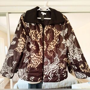 Chico's Black and Brown Animal Print Puffer Jacket